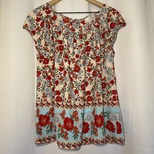 LC Lauren Conrad Floral Tie Back Womens L Shirt Pink Red Blue Pleated Neck EUC